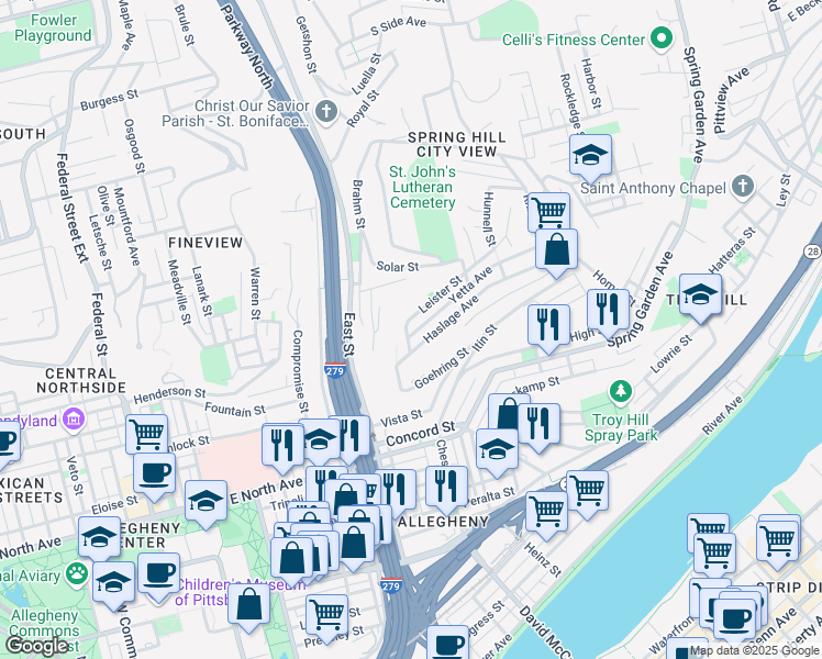 map of restaurants, bars, coffee shops, grocery stores, and more near 906 Yetta Avenue in Pittsburgh