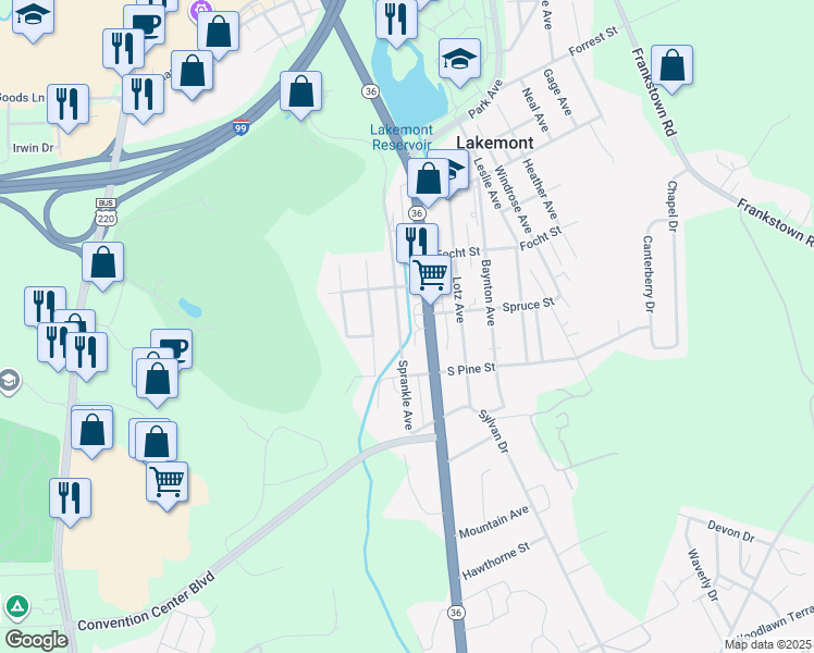 map of restaurants, bars, coffee shops, grocery stores, and more near 415 Sprankle Avenue in Altoona