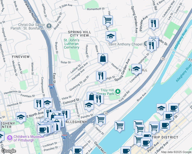 map of restaurants, bars, coffee shops, grocery stores, and more near 1257 Arcola Way in Pittsburgh