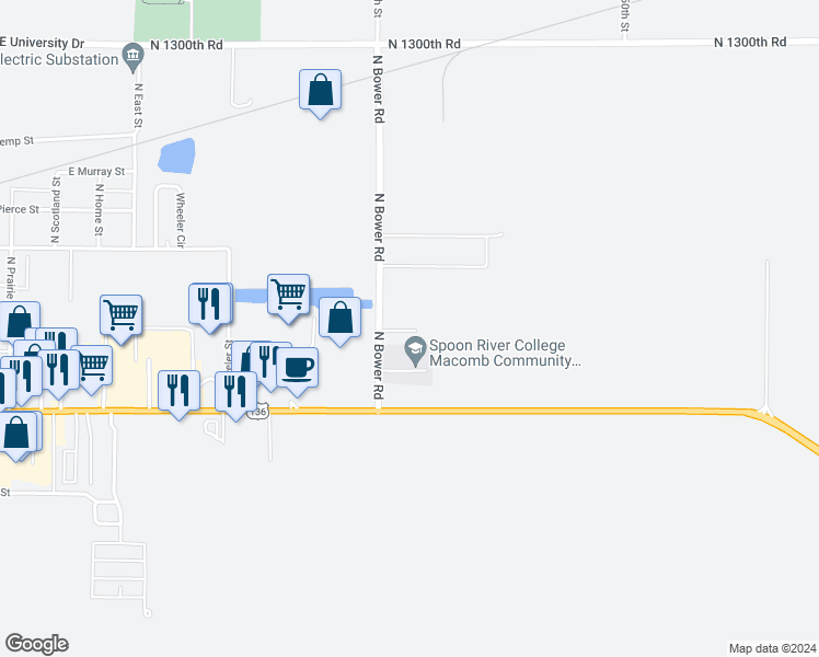 map of restaurants, bars, coffee shops, grocery stores, and more near 235 North Bower Road in Macomb