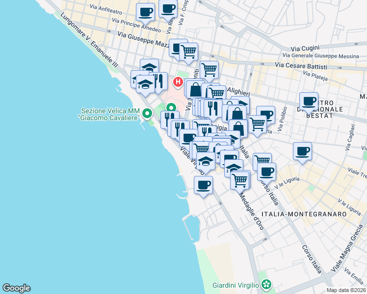 map of restaurants, bars, coffee shops, grocery stores, and more near 53 Viale Virgilio in Taranto