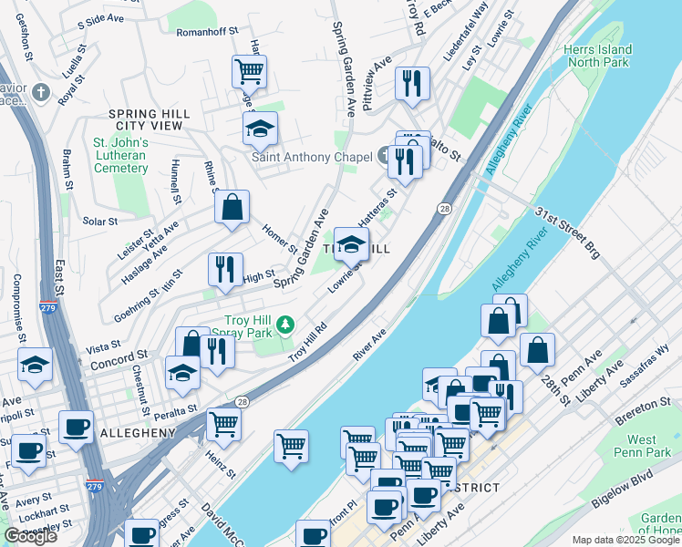 map of restaurants, bars, coffee shops, grocery stores, and more near 1428 Lowrie Street in Pittsburgh