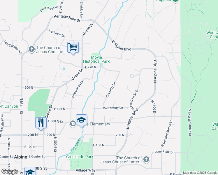 map of restaurants, bars, coffee shops, grocery stores, and more near 719 Hampton Court in Alpine