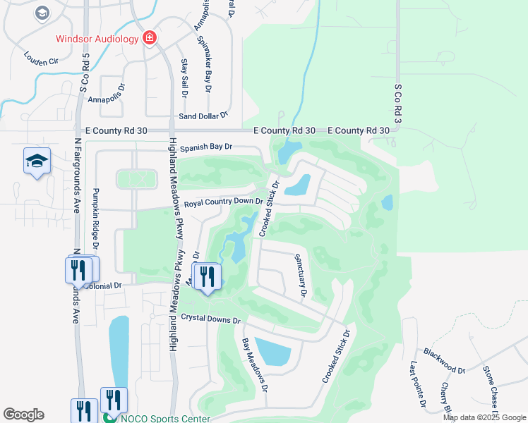map of restaurants, bars, coffee shops, grocery stores, and more near 6675 Crooked Stick Drive in Windsor