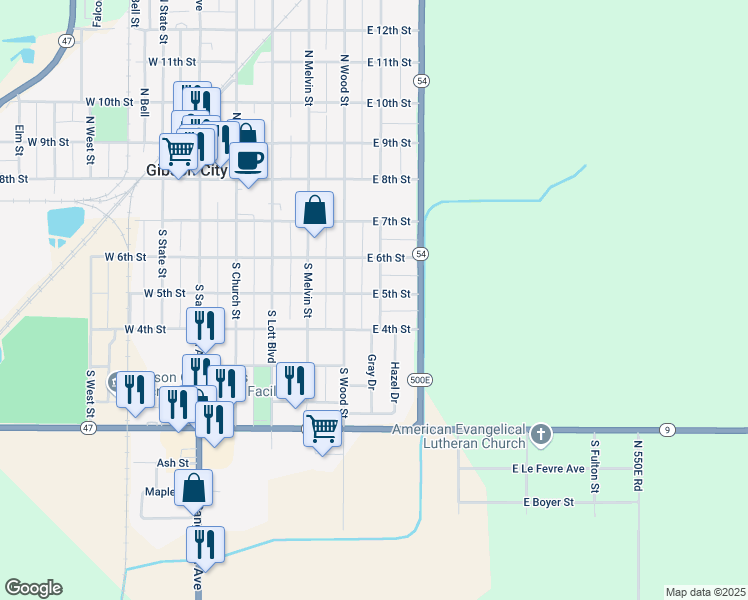 map of restaurants, bars, coffee shops, grocery stores, and more near 403 South Guthrie Street in Gibson City