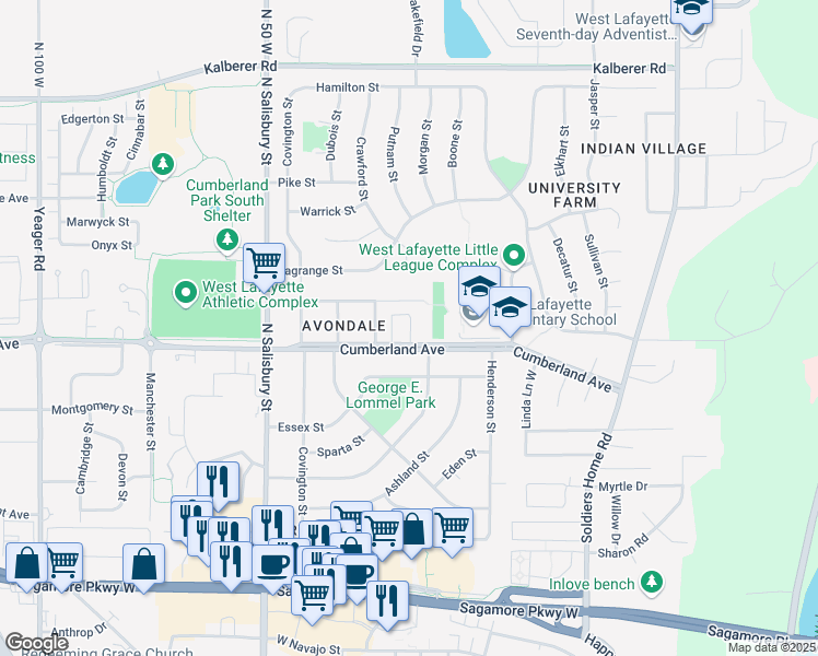 map of restaurants, bars, coffee shops, grocery stores, and more near 620 Cumberland Avenue in West Lafayette