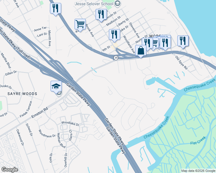map of restaurants, bars, coffee shops, grocery stores, and more near 2502 Lighthouse Lane in Sayreville