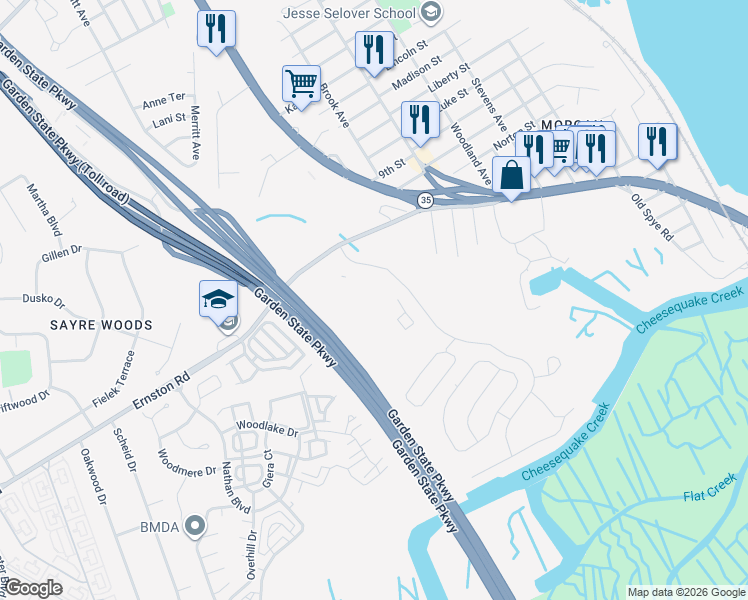 map of restaurants, bars, coffee shops, grocery stores, and more near 1415 Pebble Place in Sayreville