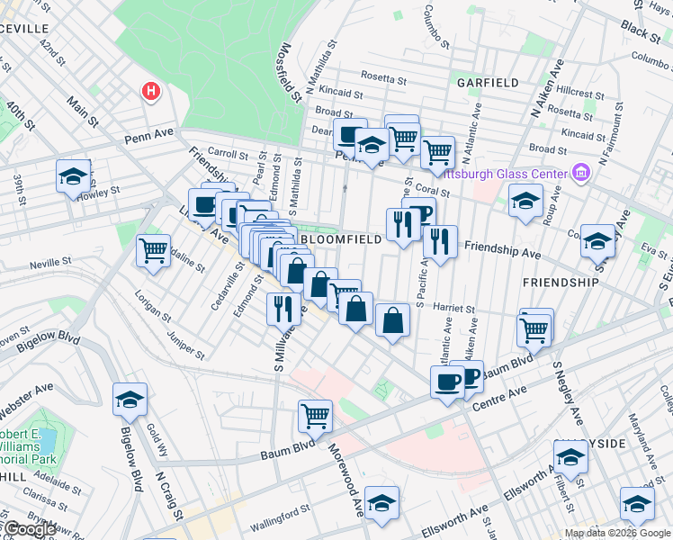 map of restaurants, bars, coffee shops, grocery stores, and more near Gross Street in Pittsburgh