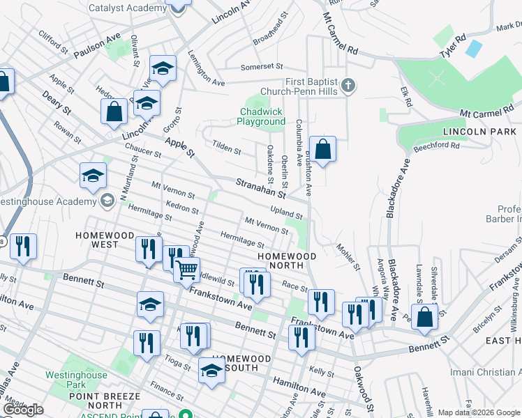 map of restaurants, bars, coffee shops, grocery stores, and more near 7320 Upland Street in Pittsburgh