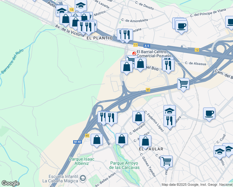 map of restaurants, bars, coffee shops, grocery stores, and more near 1 Camino del Cerro de los Gamos in Pozuelo de Alarcón