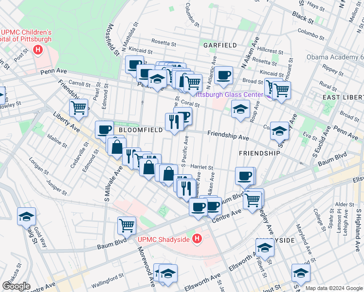 map of restaurants, bars, coffee shops, grocery stores, and more near 332 South Pacific Avenue in Pittsburgh