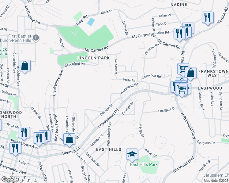 map of restaurants, bars, coffee shops, grocery stores, and more near 8531 Westwood Road in Pittsburgh