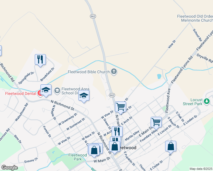 map of restaurants, bars, coffee shops, grocery stores, and more near 2844 Moselem Springs Road in Fleetwood