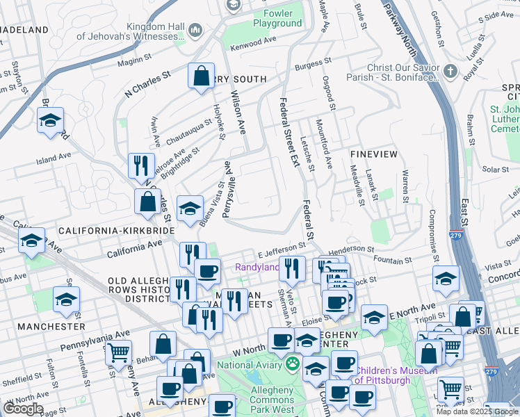 map of restaurants, bars, coffee shops, grocery stores, and more near 1845 Clayton Avenue in Pittsburgh