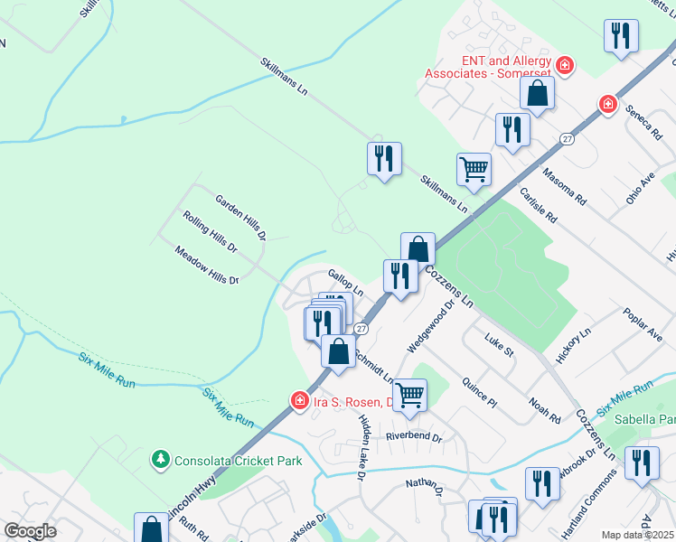 map of restaurants, bars, coffee shops, grocery stores, and more near 37 Gallop Lane in Franklin Township