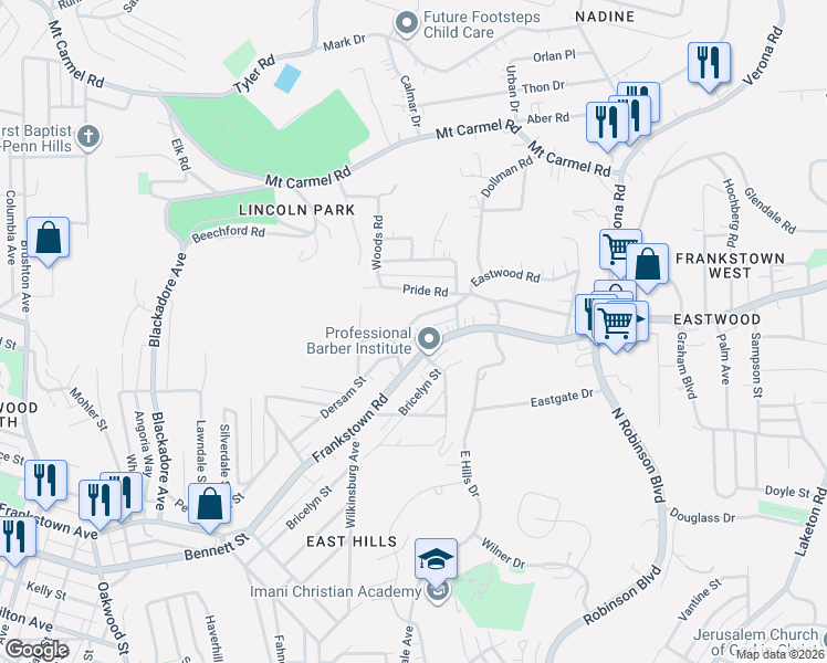 map of restaurants, bars, coffee shops, grocery stores, and more near 8608 Westwood Road in Pittsburgh
