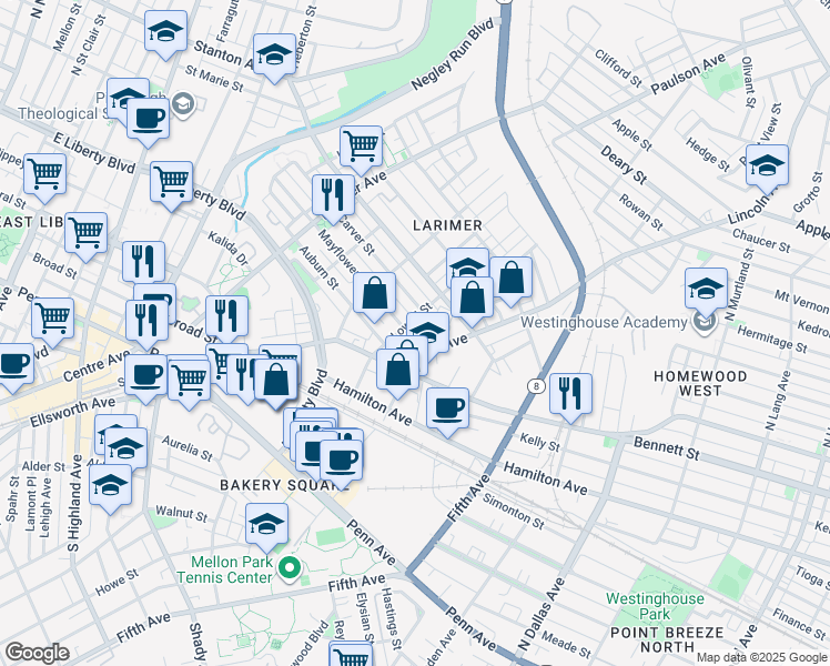map of restaurants, bars, coffee shops, grocery stores, and more near 302 Mayflower Street in Pittsburgh