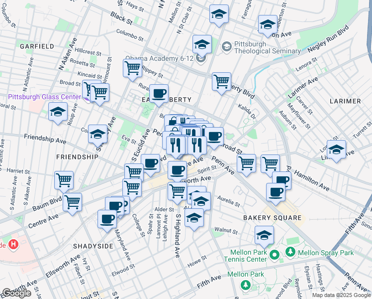 map of restaurants, bars, coffee shops, grocery stores, and more near 6002 Penn Avenue in Pittsburgh