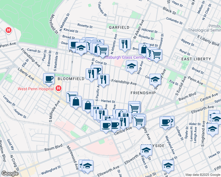 map of restaurants, bars, coffee shops, grocery stores, and more near 330 South Aiken Avenue in Pittsburgh