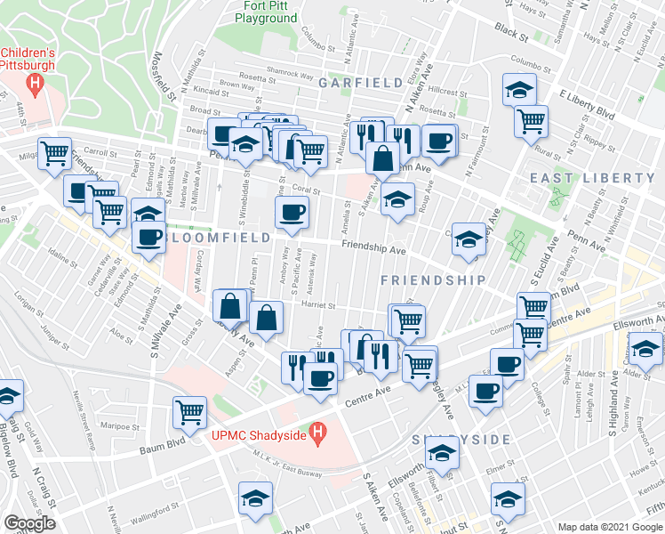 map of restaurants, bars, coffee shops, grocery stores, and more near 342 South Atlantic Avenue in Pittsburgh