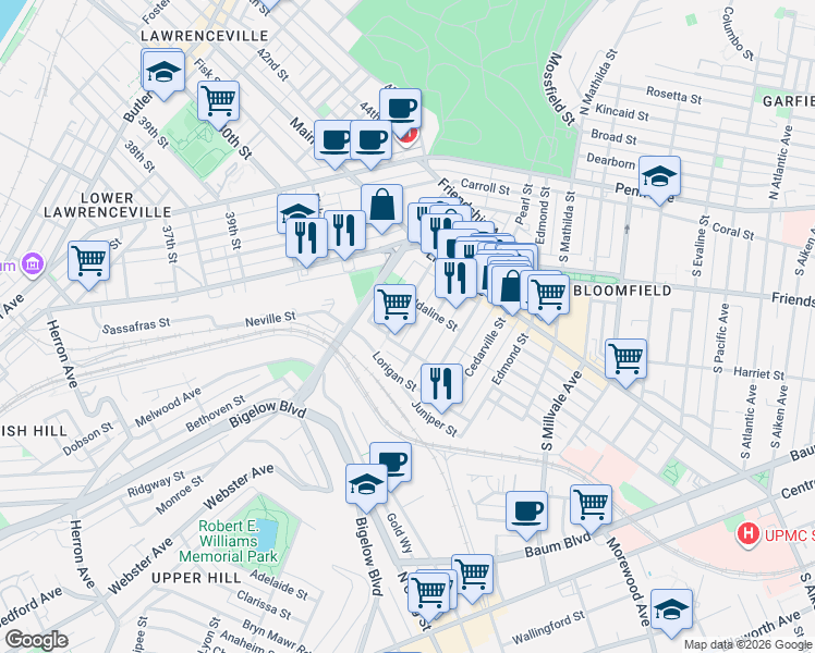 map of restaurants, bars, coffee shops, grocery stores, and more near 425 Orwell Way in Pittsburgh