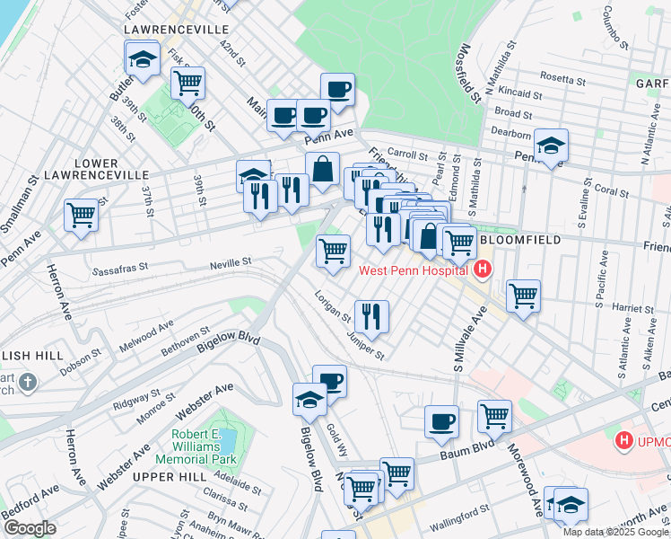 map of restaurants, bars, coffee shops, grocery stores, and more near 425 Orwell Way in Pittsburgh