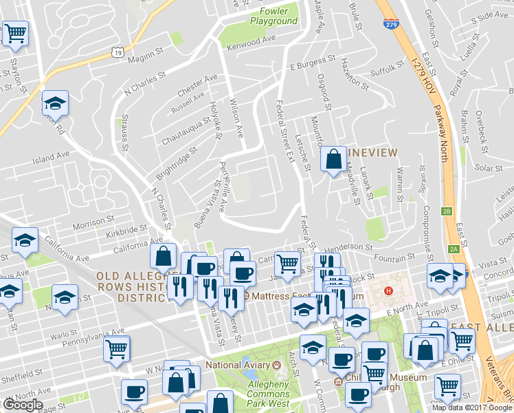 map of restaurants, bars, coffee shops, grocery stores, and more near 1845 Clayton Avenue in Pittsburgh