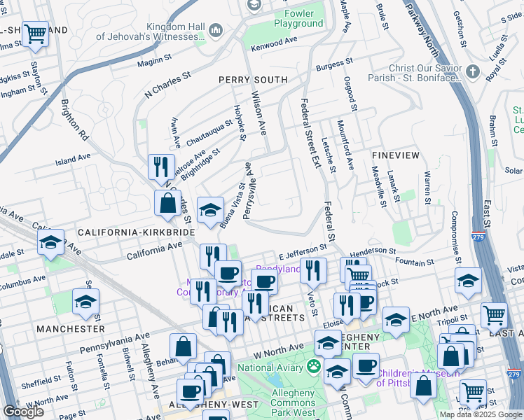 map of restaurants, bars, coffee shops, grocery stores, and more near 1 University Avenue in Pittsburgh