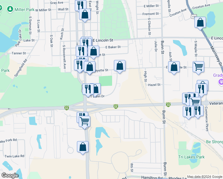 map of restaurants, bars, coffee shops, grocery stores, and more near 1705 R T Dunn Drive in Bloomington
