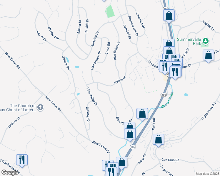 map of restaurants, bars, coffee shops, grocery stores, and more near 425 Tahoe Drive in Pittsburgh