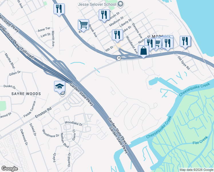 map of restaurants, bars, coffee shops, grocery stores, and more near Pebble Place in Sayreville