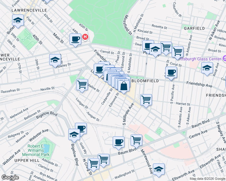 map of restaurants, bars, coffee shops, grocery stores, and more near 4750 Liberty Avenue in Pittsburgh
