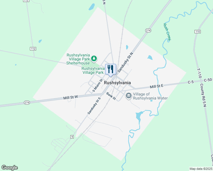 map of restaurants, bars, coffee shops, grocery stores, and more near 104 Sandusky Street North in Rushsylvania