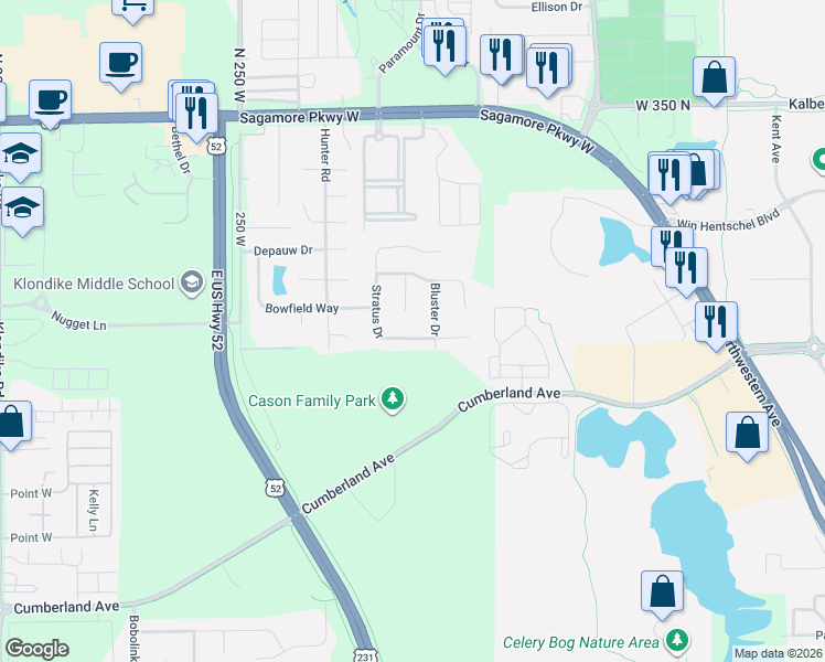 map of restaurants, bars, coffee shops, grocery stores, and more near 3076 Stratus Drive in West Lafayette