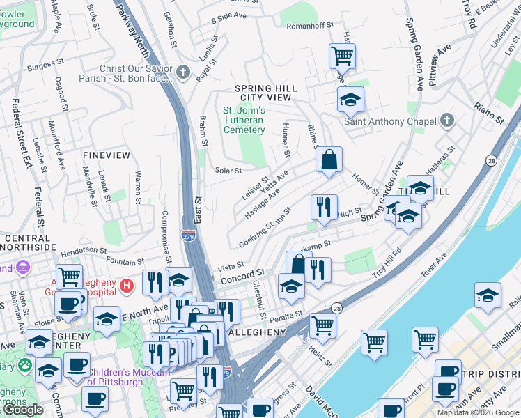 map of restaurants, bars, coffee shops, grocery stores, and more near 999 Haslage Avenue in Pittsburgh