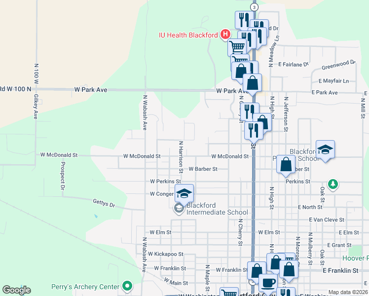 map of restaurants, bars, coffee shops, grocery stores, and more near 700 West McDonald Street in Hartford City