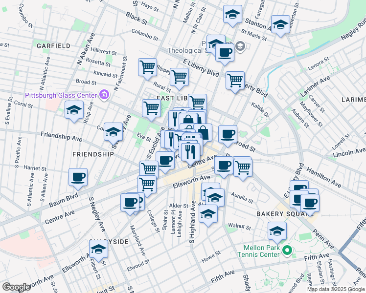 map of restaurants, bars, coffee shops, grocery stores, and more near South Whitfield Street in Pittsburgh