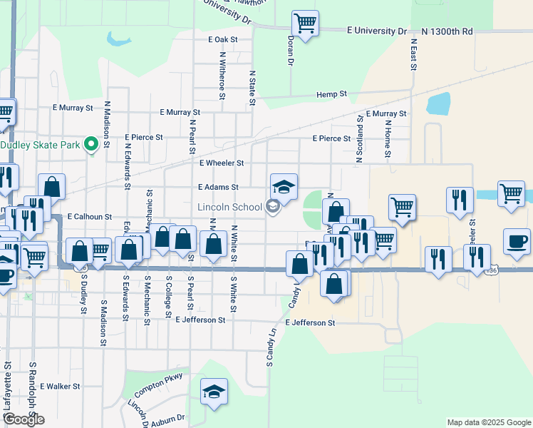 map of restaurants, bars, coffee shops, grocery stores, and more near 315 North Bonham Street in Macomb