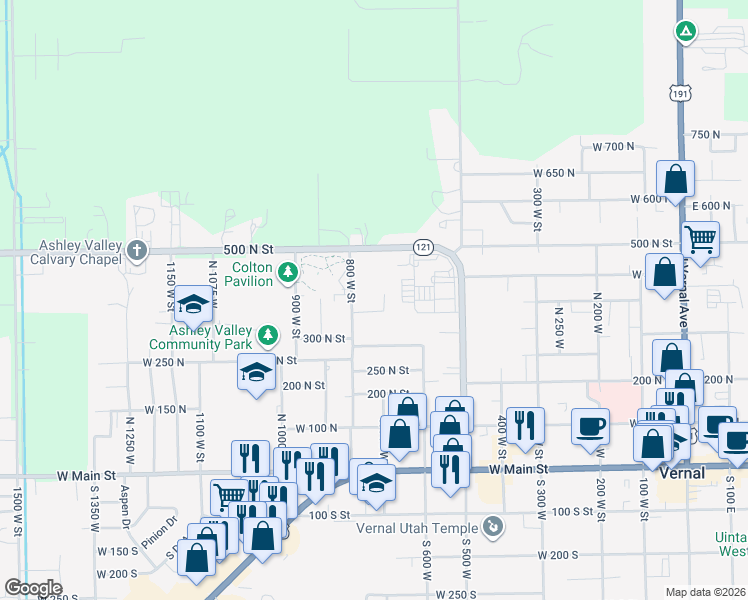 map of restaurants, bars, coffee shops, grocery stores, and more near 375 North 700 West in Vernal