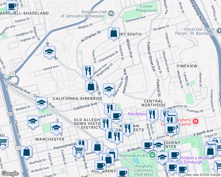 map of restaurants, bars, coffee shops, grocery stores, and more near 3 Overlook Street in Pittsburgh