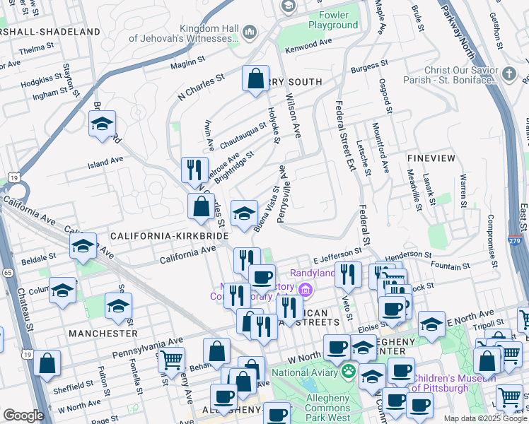map of restaurants, bars, coffee shops, grocery stores, and more near 1903 Buena Vista Street in Pittsburgh