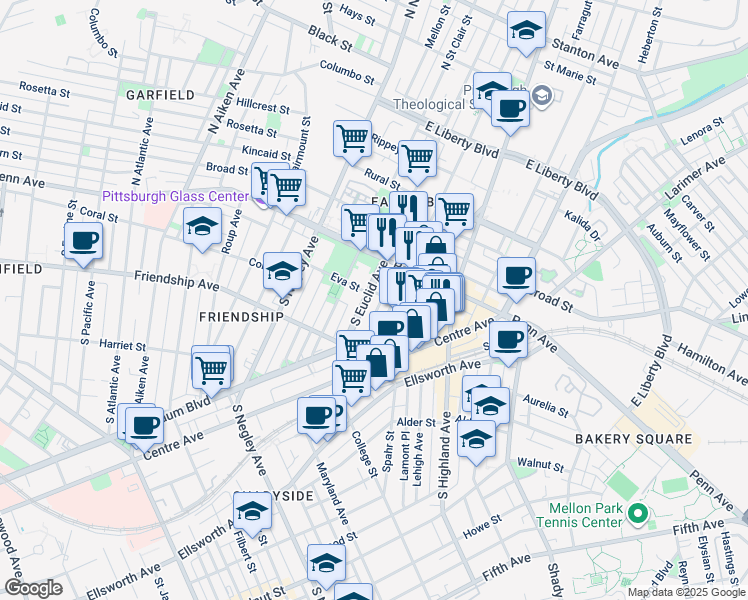 map of restaurants, bars, coffee shops, grocery stores, and more near 47 Penn Avenue in Pittsburgh