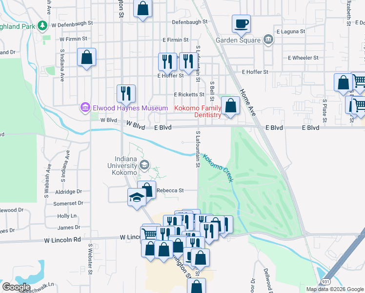 map of restaurants, bars, coffee shops, grocery stores, and more near 303 Edgewater Lane in Kokomo