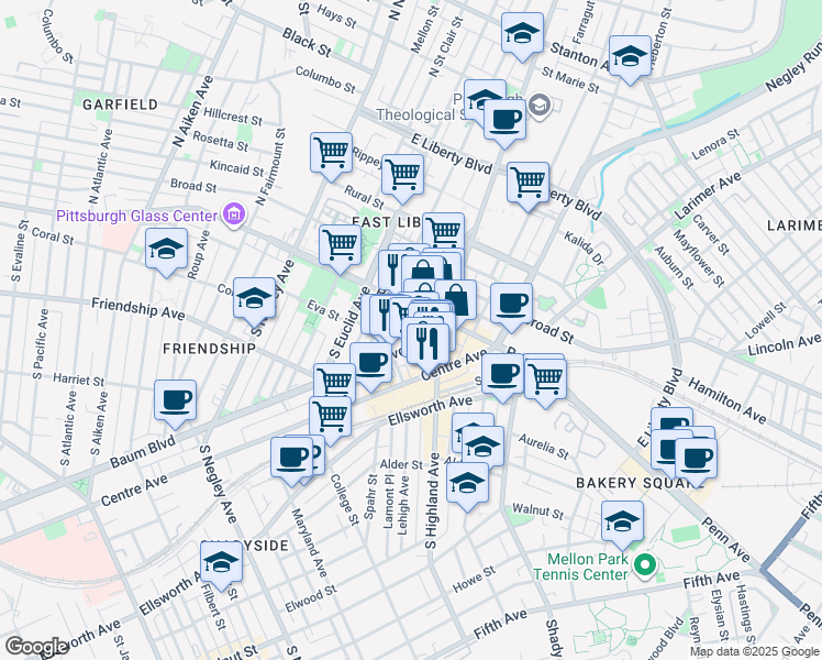 map of restaurants, bars, coffee shops, grocery stores, and more near South Whitfield Street in Pittsburgh