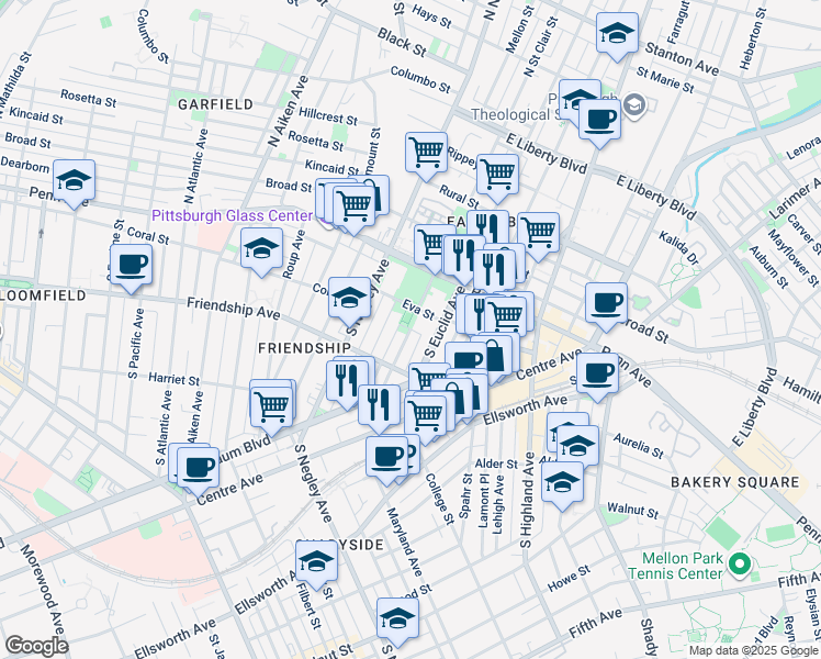 map of restaurants, bars, coffee shops, grocery stores, and more near 141 South Saint Clair Street in Pittsburgh