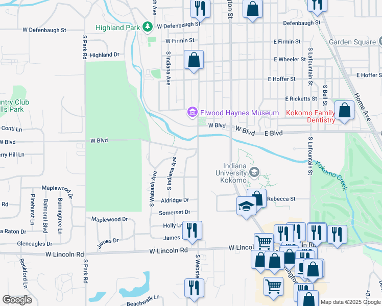 map of restaurants, bars, coffee shops, grocery stores, and more near 2201-2207 South Courtland Avenue in Kokomo