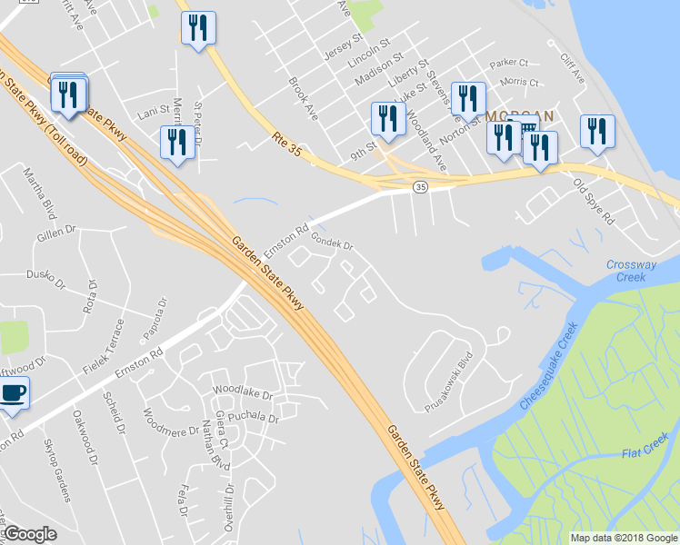 map of restaurants, bars, coffee shops, grocery stores, and more near 1406 Pebble Place in Sayreville