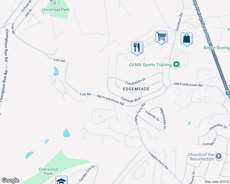 map of restaurants, bars, coffee shops, grocery stores, and more near 225 Carriage Boulevard in Pittsburgh