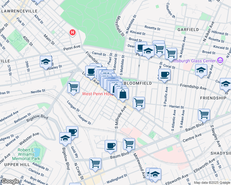 map of restaurants, bars, coffee shops, grocery stores, and more near 4800 Friendship Avenue in Pittsburgh